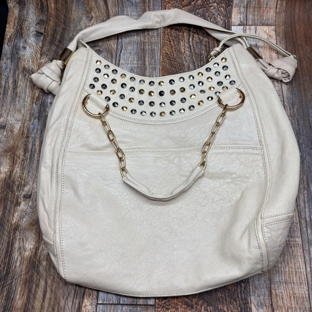 Tre Vero Cream Leather Studded Hobo Bag Mixed Metal Chain Strap Shoulder Bag